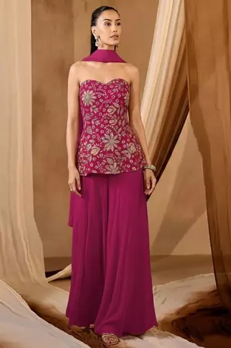 Pink embroidered crepe sharara set