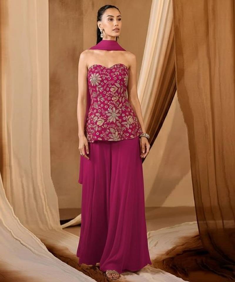 Pink embroidered crepe sharara set