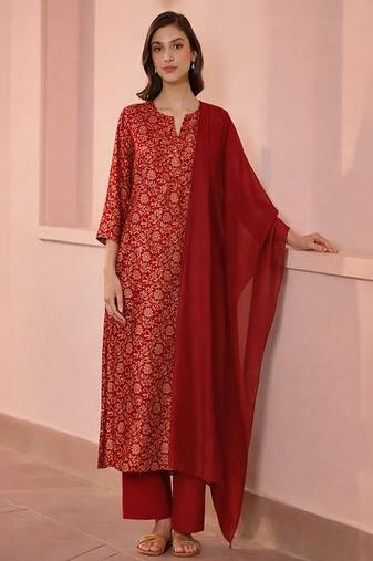 Maroon printed silk kurta set