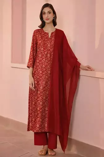 Maroon printed silk kurta set