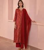 Maroon printed silk kurta set