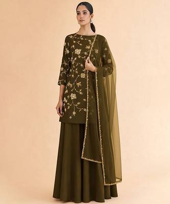 Olive embroidered silk sharara set 1