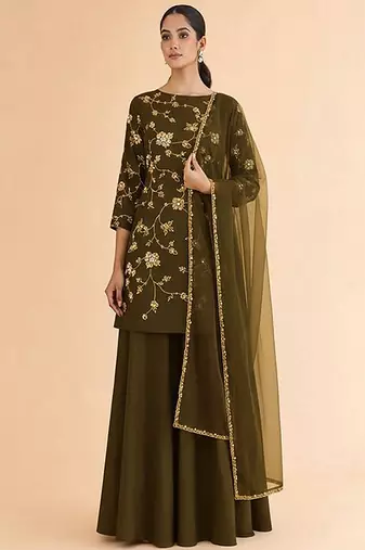 Olive embroidered silk sharara set