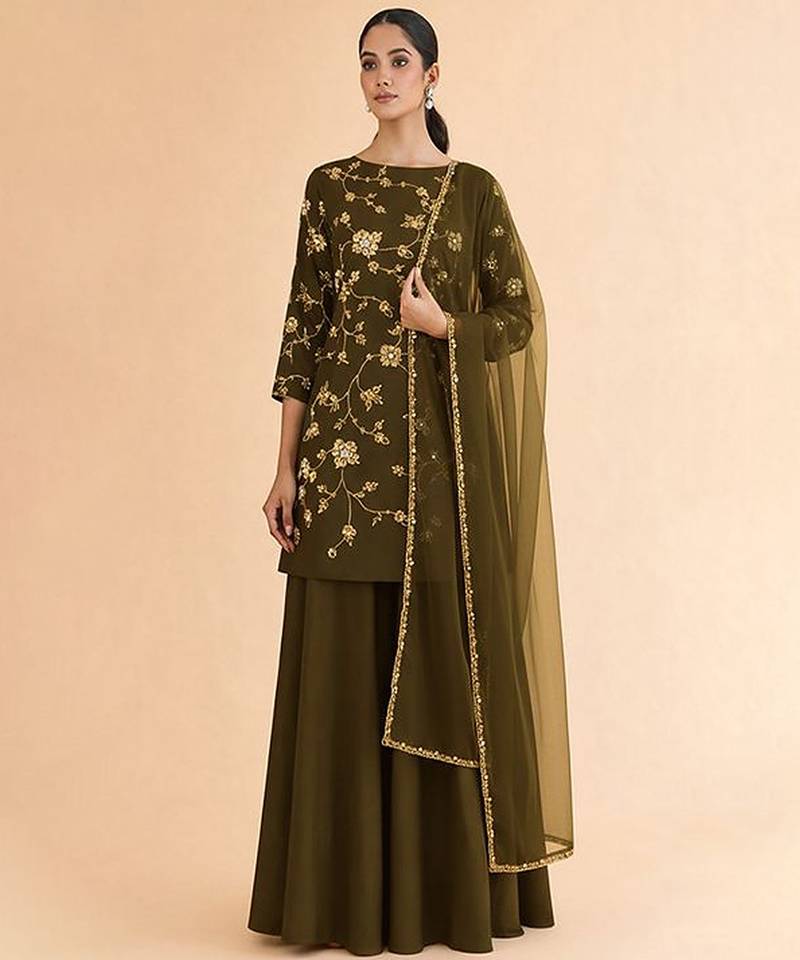 Olive embroidered silk sharara set