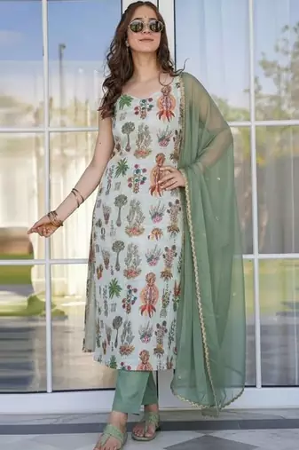 Ivory printed silk kurta set