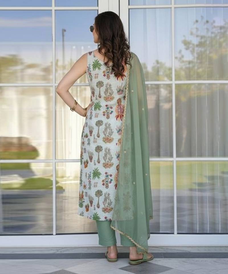 Ivory printed silk kurta set