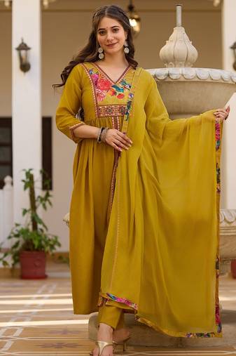 Mustard elegant silk kurti set with embroidered work & printed nazmin dupatta