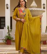 Mustard elegant silk kurti set with embroidered work & printed nazmin dupatta