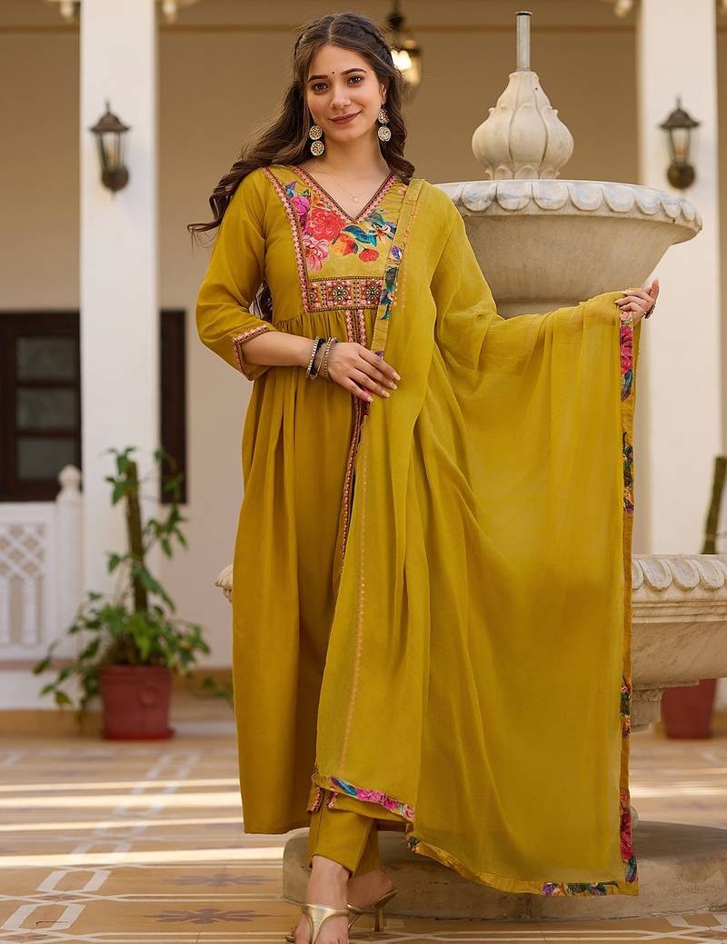 Mustard elegant silk kurti set with embroidered work & printed nazmin dupatta