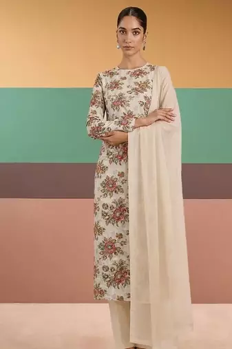 Beige printed organza kurta set