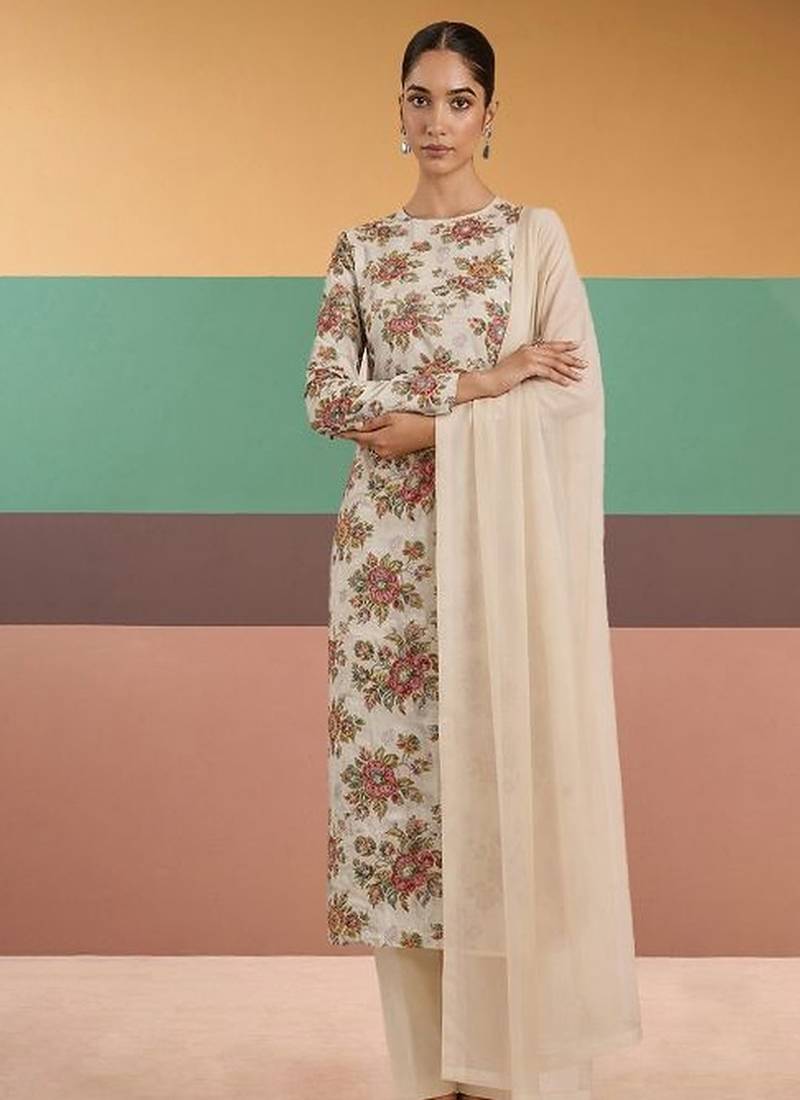 Beige printed organza kurta set