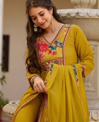 Mud elegant silk kurti set with embroidered work & printed nazmin dupatta 3
