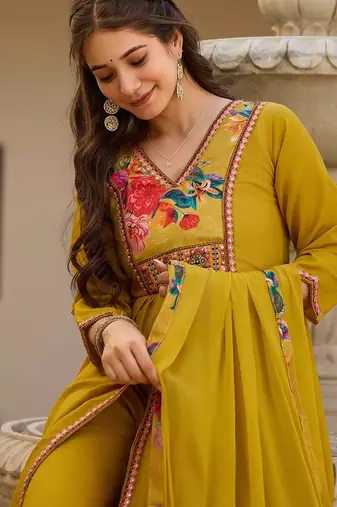 Mud elegant silk kurti set with embroidered work & printed nazmin dupatta