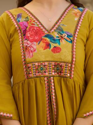 Mud elegant silk kurti set with embroidered work & printed nazmin dupatta 4