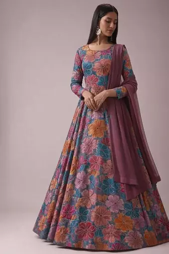 Multicolor printed crepe anarkali set