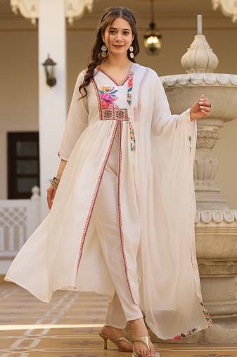 White elegant silk kurti set with embroidered work & printed nazmin dupatta