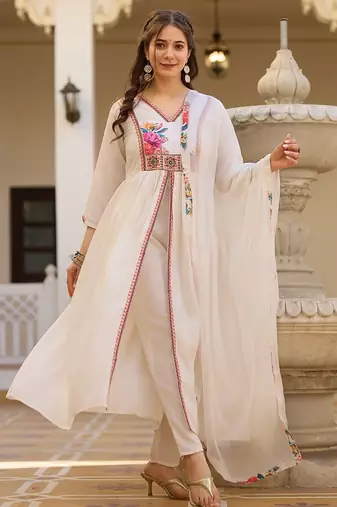 White elegant silk kurti set with embroidered work & printed nazmin dupatta