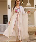 White elegant silk kurti set with embroidered work & printed nazmin dupatta