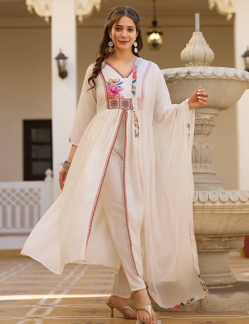 White elegant silk kurti set with embroidered work & printed nazmin dupatta
