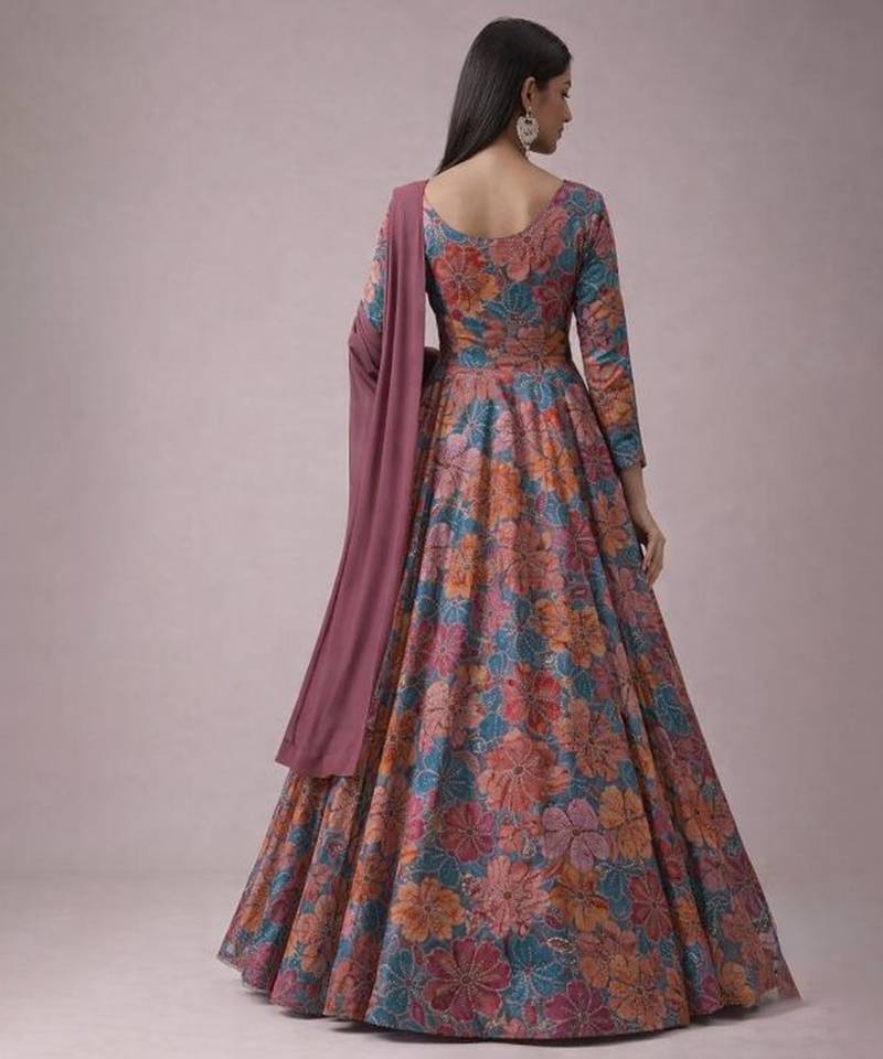 Multicolor printed crepe anarkali set
