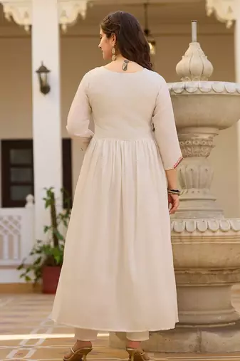 White elegant silk kurti set with embroidered work & printed nazmin dupatta
