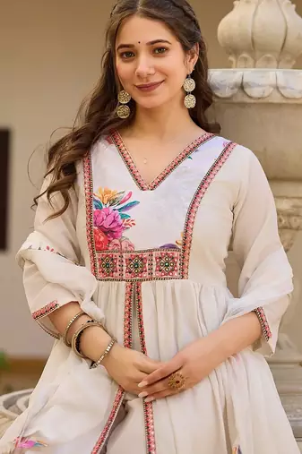 White elegant silk kurti set with embroidered work & printed nazmin dupatta