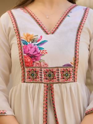 White elegant silk kurti set with embroidered work & printed nazmin dupatta 4