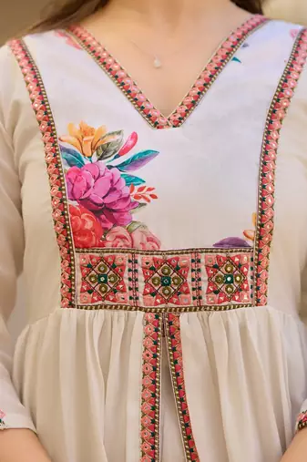 White elegant silk kurti set with embroidered work & printed nazmin dupatta