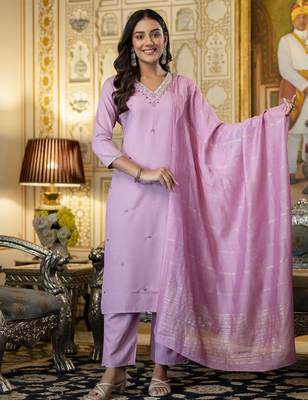 Lavendar elegant ready-made viscose rayon kurti set with dyed chanderi cotton dupatta 1