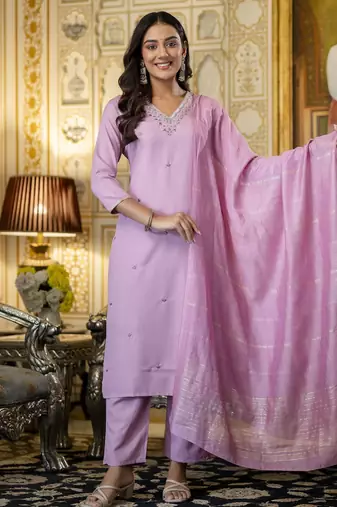 Lavendar elegant ready-made viscose rayon kurti set with dyed chanderi cotton dupatta