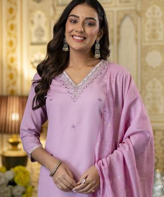 Lavendar elegant ready-made viscose rayon kurti set with dyed chanderi cotton dupatta 4
