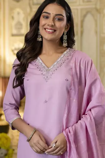 Lavendar elegant ready-made viscose rayon kurti set with dyed chanderi cotton dupatta