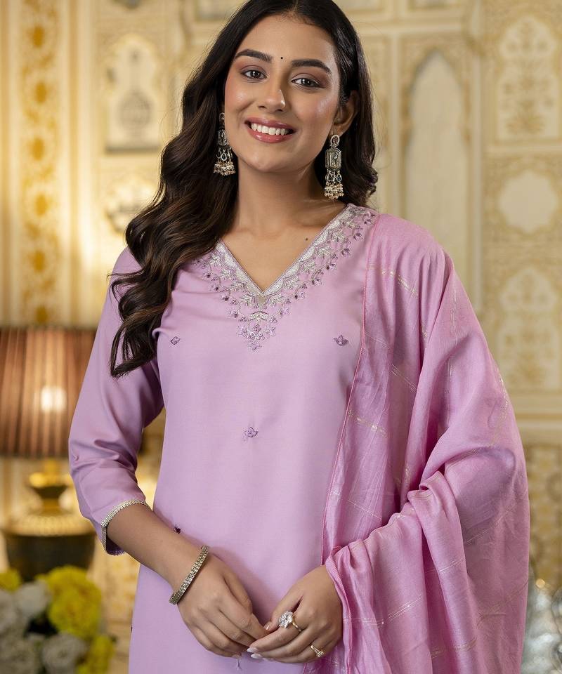 Lavendar elegant ready-made viscose rayon kurti set with dyed chanderi cotton dupatta