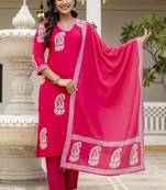 Pink trendy ready-made rayon kurti set with printed chanderi cotton dupatta