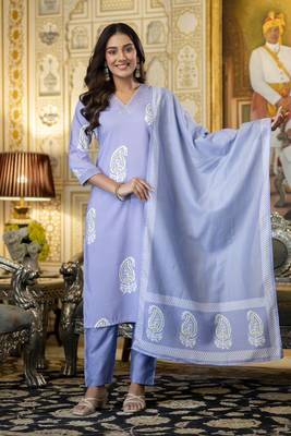 Violet trendy ready-made rayon kurti set with printed chanderi cotton dupatta 1