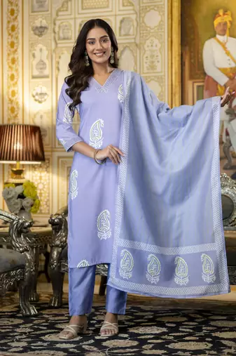 Violet trendy ready-made rayon kurti set with printed chanderi cotton dupatta