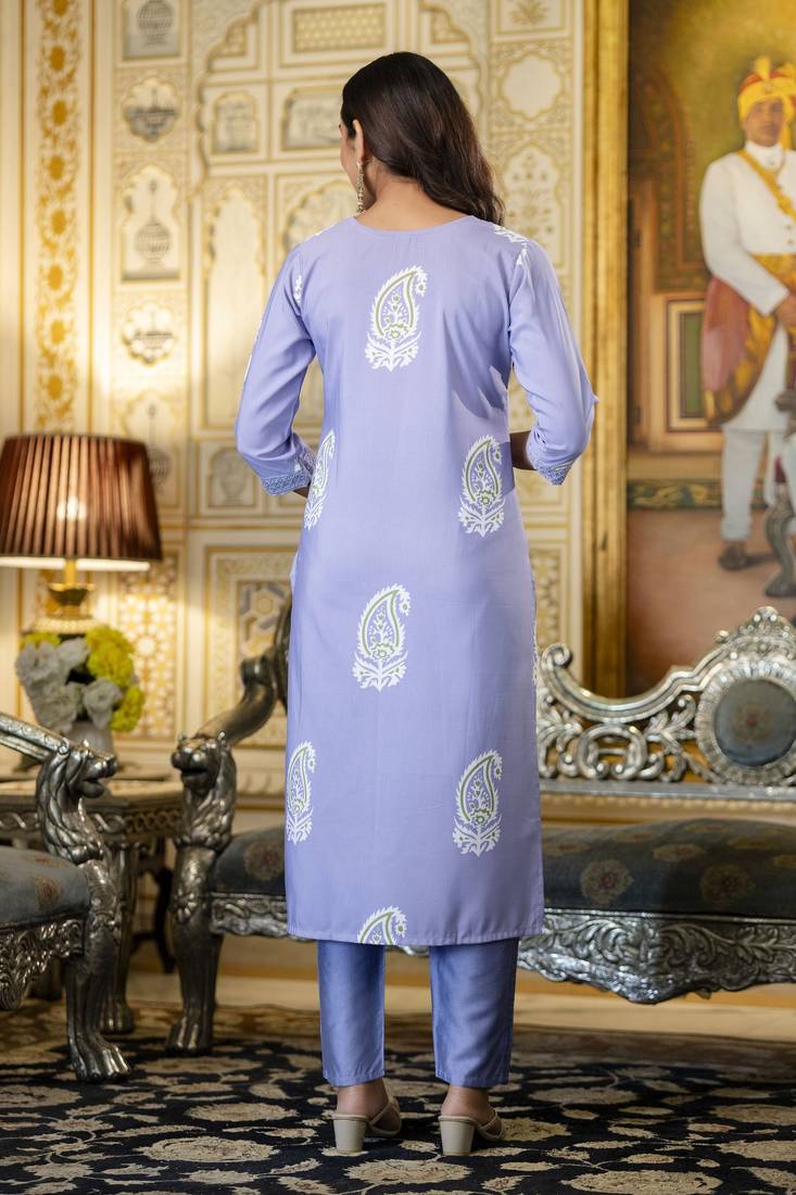 Violet trendy ready-made rayon kurti set with printed chanderi cotton dupatta