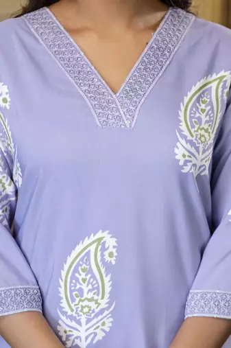 Violet trendy ready-made rayon kurti set with printed chanderi cotton dupatta