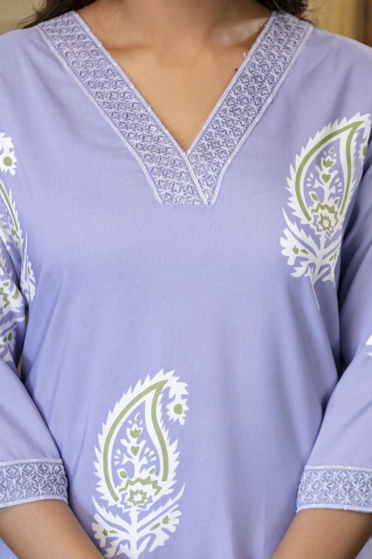 Violet trendy ready-made rayon kurti set with printed chanderi cotton dupatta