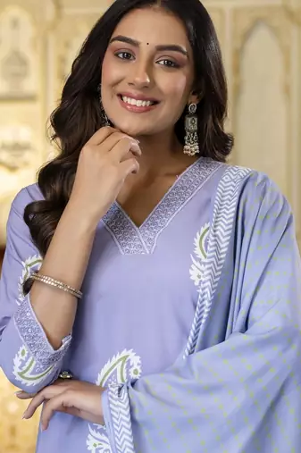 Violet trendy ready-made rayon kurti set with printed chanderi cotton dupatta