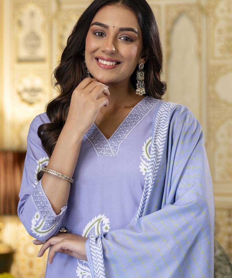 Violet trendy ready-made rayon kurti set with printed chanderi cotton dupatta