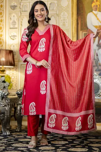 Red trendy ready-made rayon kurti set with printed chanderi cotton dupatta