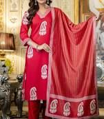 Red trendy ready-made rayon kurti set with printed chanderi cotton dupatta