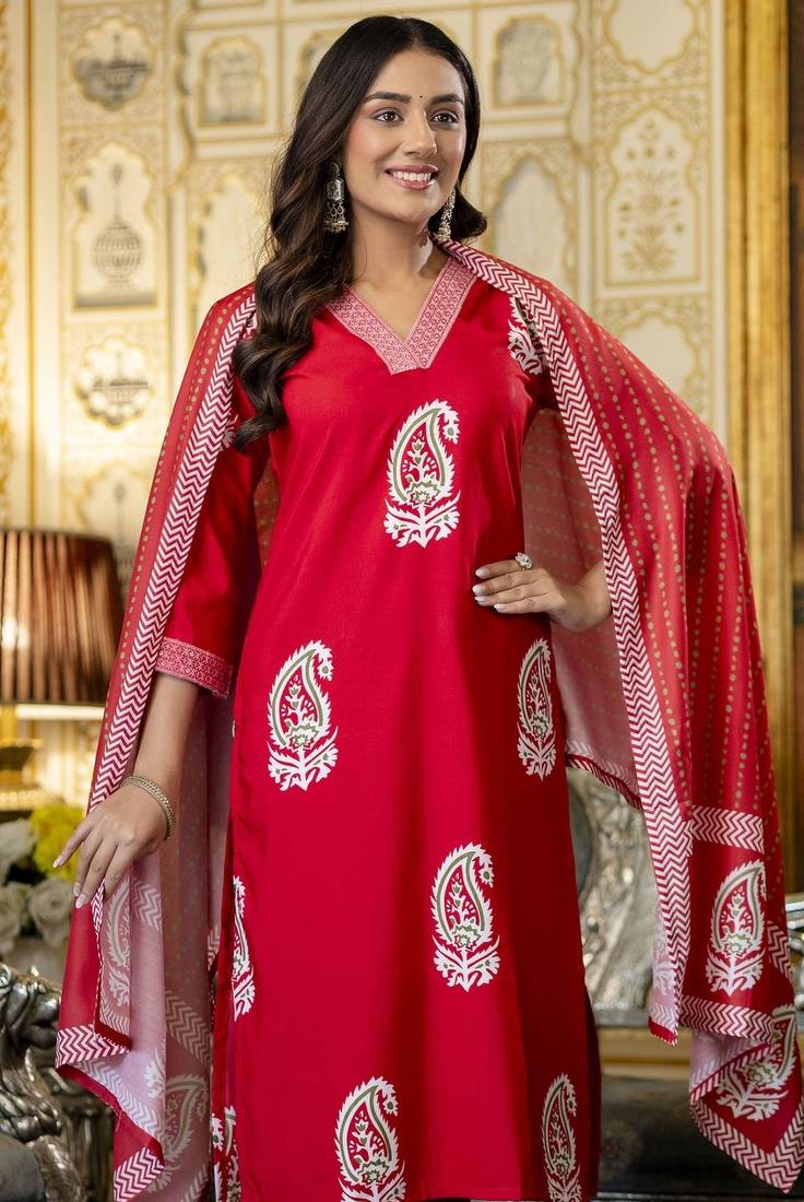 Red trendy ready-made rayon kurti set with printed chanderi cotton dupatta