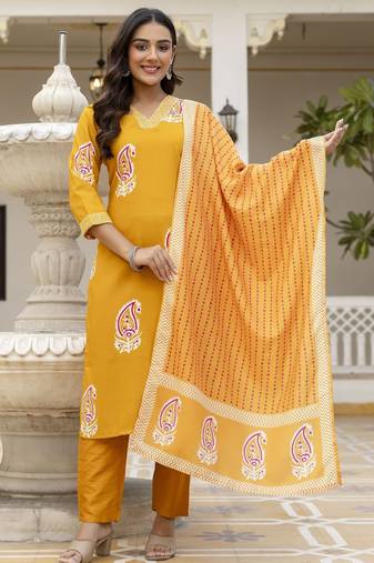 Yellow trendy ready-made rayon kurti set with printed chanderi cotton dupatta