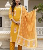 Yellow trendy ready-made rayon kurti set with printed chanderi cotton dupatta