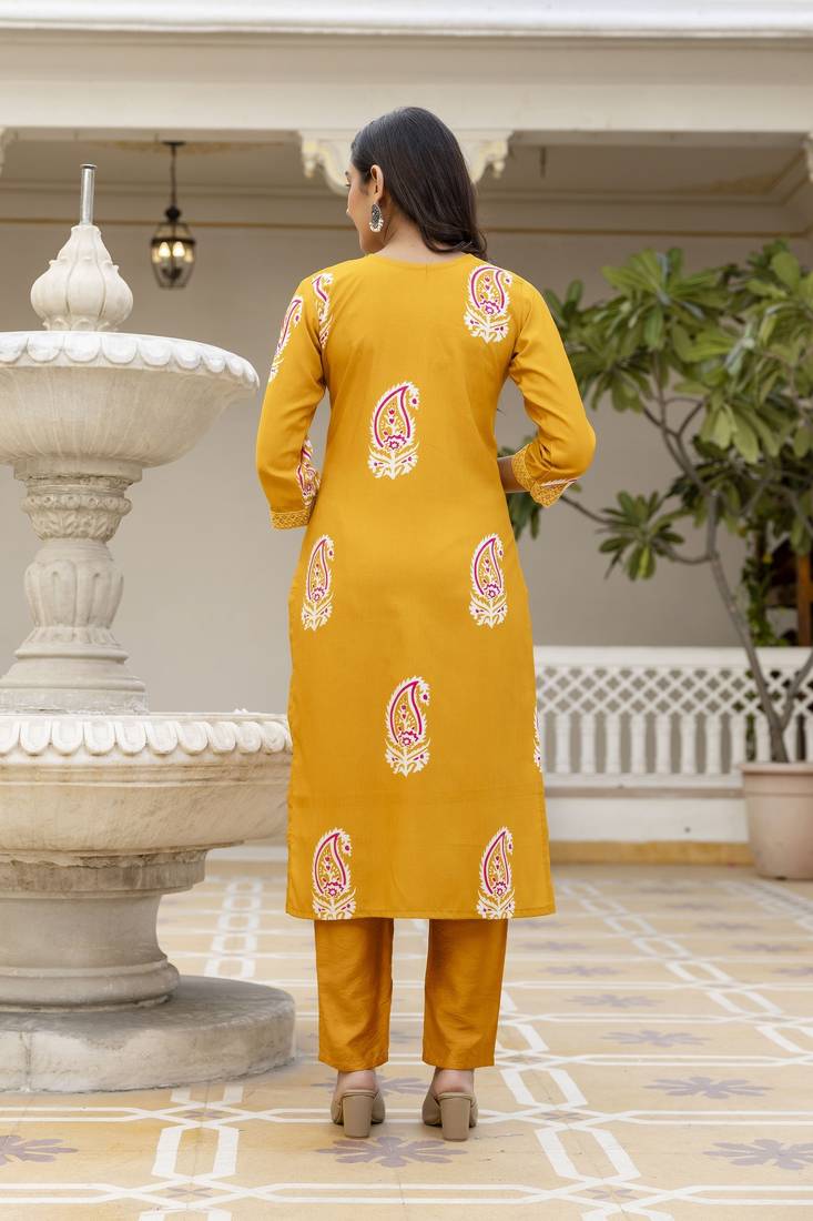 Yellow trendy ready-made rayon kurti set with printed chanderi cotton dupatta