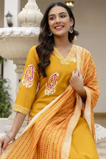 Yellow trendy ready-made rayon kurti set with printed chanderi cotton dupatta