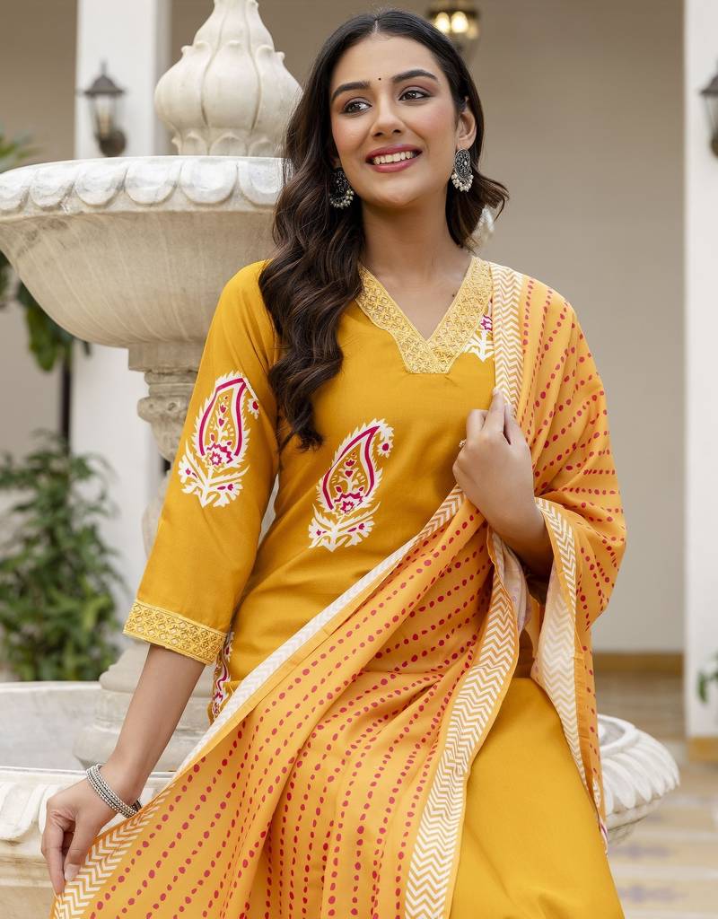 Yellow trendy ready-made rayon kurti set with printed chanderi cotton dupatta