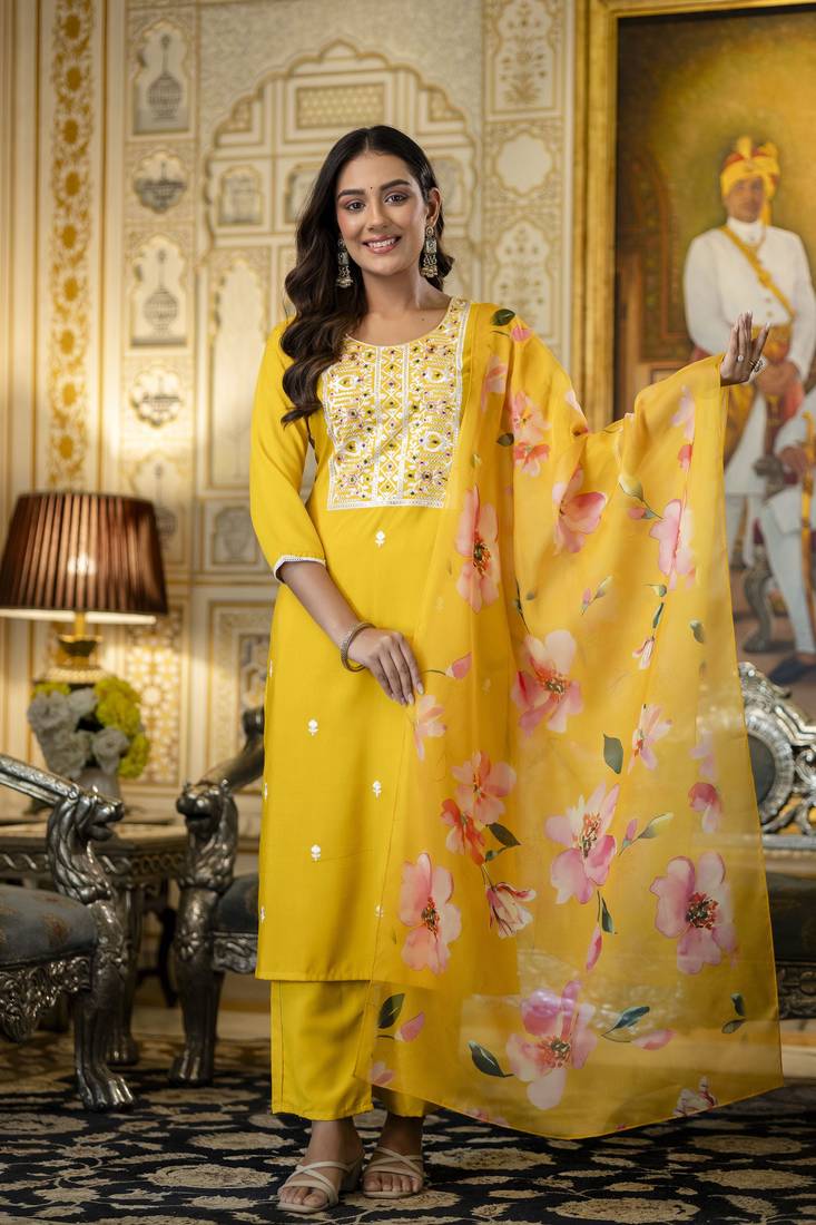 Yellow stylish ready-made viscose rayon kurti set with printed tabby organza dupatta